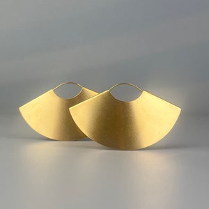 Matte gold plated stainless steel fan earrings. Modern stainless steel earrings. Oversized hoop.