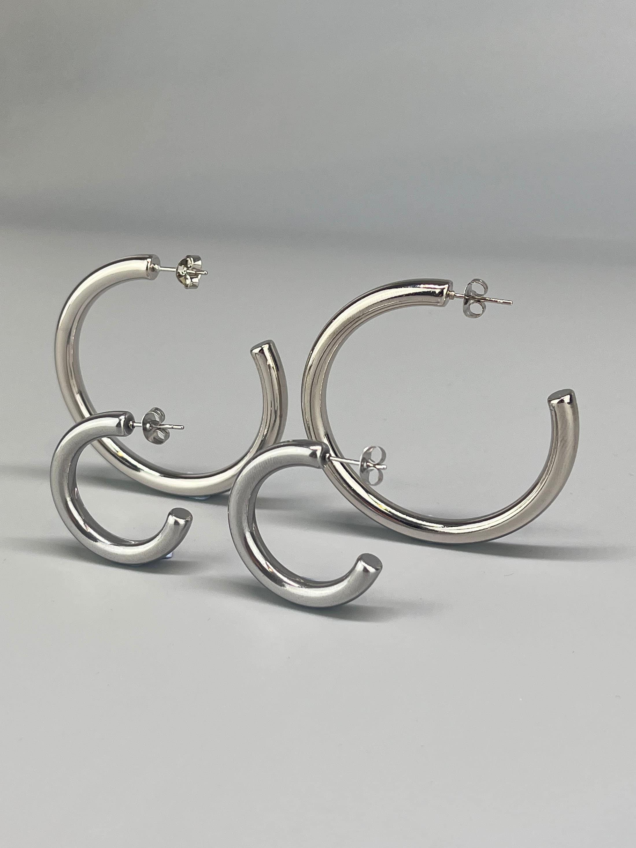 Boucles D'oreilles Créoles En Acier Inox Argent - 3,5 Cm, Dormeuses, Neuves