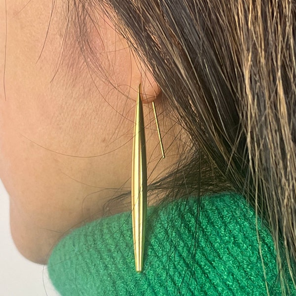 Modern earrings. Minimalist gold earrings. Long designer earrings. Stainless steel earrings.