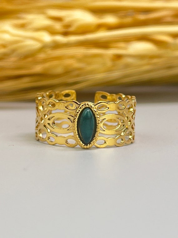 Bague Bohème Réglable En Acier Doré Avec Pierre Verte Imitation - Neuf Avec étiquettes