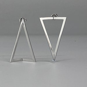 Geometric stainless steel earrings / Modern silver earrings / Asymmetrical hoop earrings / Triangle hoop earrings. For her.