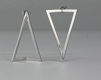 Geometric stainless steel earrings / Modern silver earrings / Asymmetrical hoop earrings / triangle hoop earrings. for her.