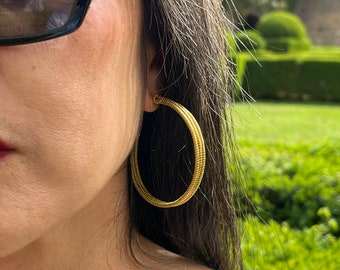 Large gold hoop earrings in capim dourado. Golden grass plant earrings from Brazil. Oversized Creole. Multi row hoop.