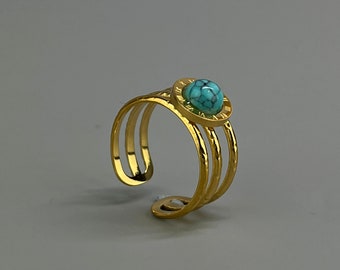 Bague acier inoxydable réglable. Bague or avec turquoise. Cadeau pour elle. Bague acier qui ne ternira pas avec pierre turquoise.