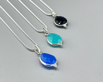 Silver chain with semi-precious stone pendant. Silver necklace with black onyx, blue chalcedony, or aqua chalcedony.