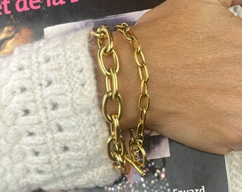 Stainless steel bracelet. Gold stainless steel cable bracelet. Trendy chain bracelet. Wide gold-tone steel mesh bracelet.