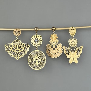 Gold-plated filigree stainless steel earrings. Tree of life earrings. Butterfly earrings. Steel jewelry.