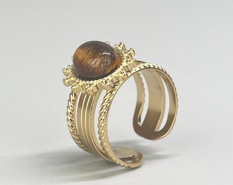 Gold boho ring in stainless steel. Gold ring with tiger's eye. Large oversize ring with brown stone. Big 14K gold ring