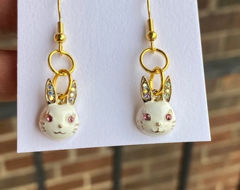 Bunny Earrings, Rhinestone Earrings, Beaded Earrings, Gold Earrings