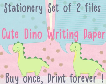 May include: A set of two printable stationery papers featuring a cute green dinosaur illustration. The papers have a pink background with brown polka dots and the text "Stationery Set of 2 files" and "Cute Dino Writing Paper". The text "Buy once, Print forever!" is at the bottom of the image.
