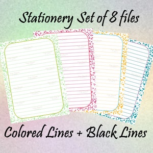 Peut inclure: Ensemble de 8 feuilles de papier à lettres imprimables avec des bordures mouchetées colorées et du papier ligné. Les lignes sont noires avec des accents de couleur. Le texte sur l'image indique "Stationery Set of 8 files" et "Colored Lines + Black Lines".