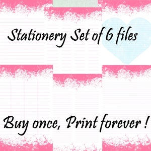 Peut inclure: Un ensemble de six feuilles de papier à lettres imprimables avec une bordure rose et blanche. Le texte "Stationery Set of 6 files" et "Buy once, Print forever!" est imprimé sur les feuilles.