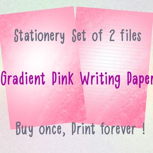 Peut inclure: Deux feuilles de papier à écrire rose dégradé. L'une est lignée, l'autre est vierge. Le texte sur l'image indique "Stationery Set of 2 files" et "Gradient Pink Writing Paper". Le texte du bas dit "Buy once, Print forever!".