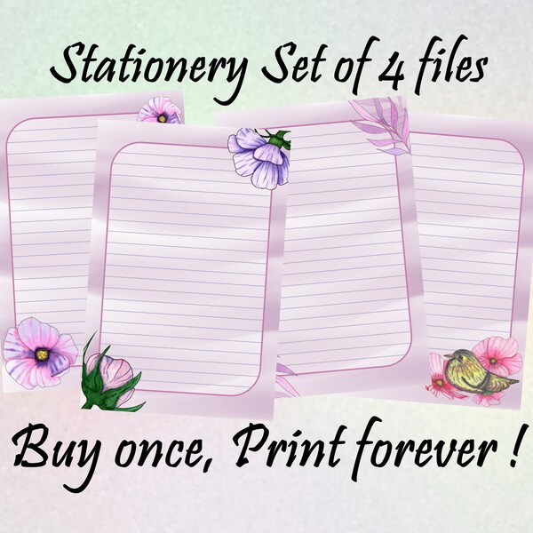 Printable 8x12" Stationery Set of 4 Blank Flowers Note Papers - Multipurposes paper - Violet pink background - Buy once, Print forever !-PNG