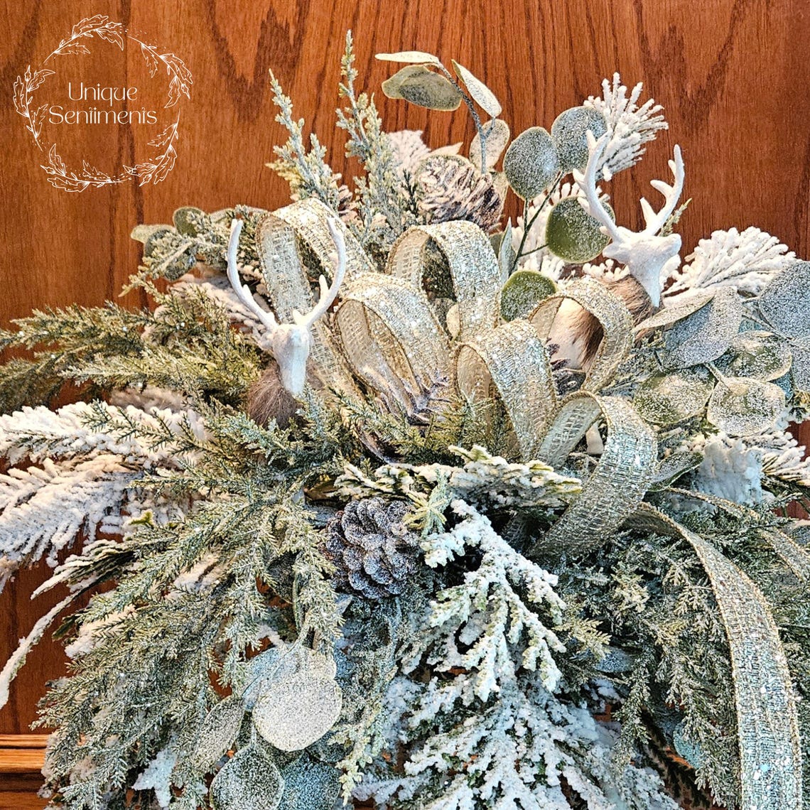 Elegant Winter Floral Arrangement With Frosted Pine, Deer, Platinum ...