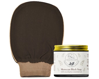 Premium Duo: Kessa Hammam Glove and Moroccan Black Soap with Eucalyptus Essential Oil 200g (7oz) Combo Spa Exfoliation Kit All Natural