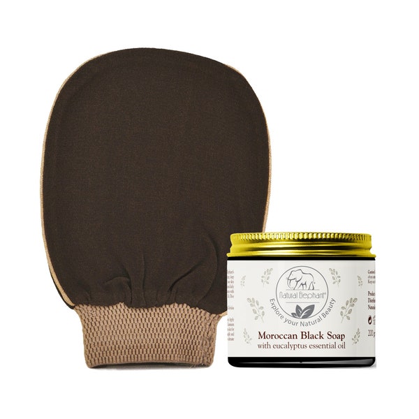Premium Duo: Kessa Hammam Glove and Moroccan Black Soap with Eucalyptus Essential Oil 200g (7oz) Combo Spa Exfoliation Kit All Natural