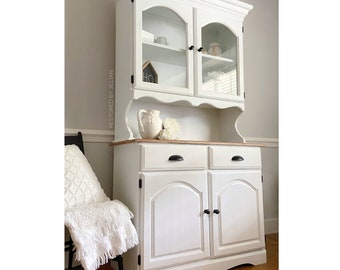 SOLD ****Farmhouse Hutch, White Refinished China Cabinet, White and Wood