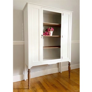 SOLD** Small China Cabinet, Farmhouse, Traditional, Antique, Vintage Hutch, Wood Legs, White and Wood