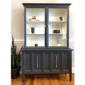 MCM Hutch, Mid Century Modern China Cabinet, Cane, Retro Vintage China Cabinet