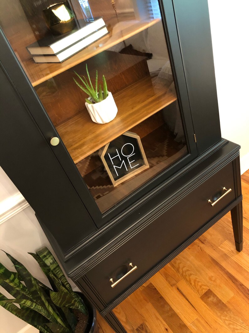 MCM China Hutch Black and Wood Vintage Refinished Etsy