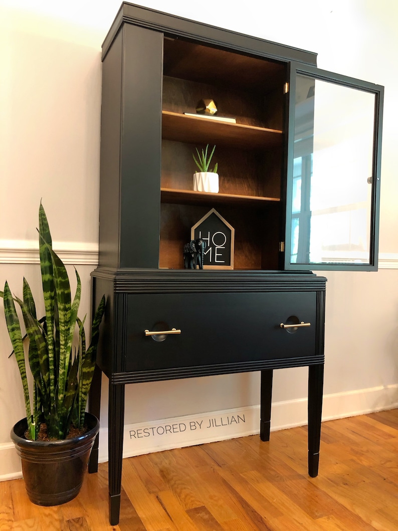 MCM China Hutch Black and Wood Vintage Refinished Etsy