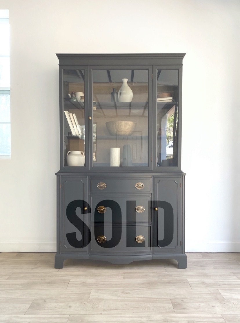 Vintage Black China Cabinet, Antique, Hepplewhite Hutch, Duncan