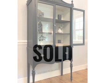 Antique China Cabinet, Hutch, Black and White Wood Vintage Refinished Display Cabinet, Wooden, With Legs