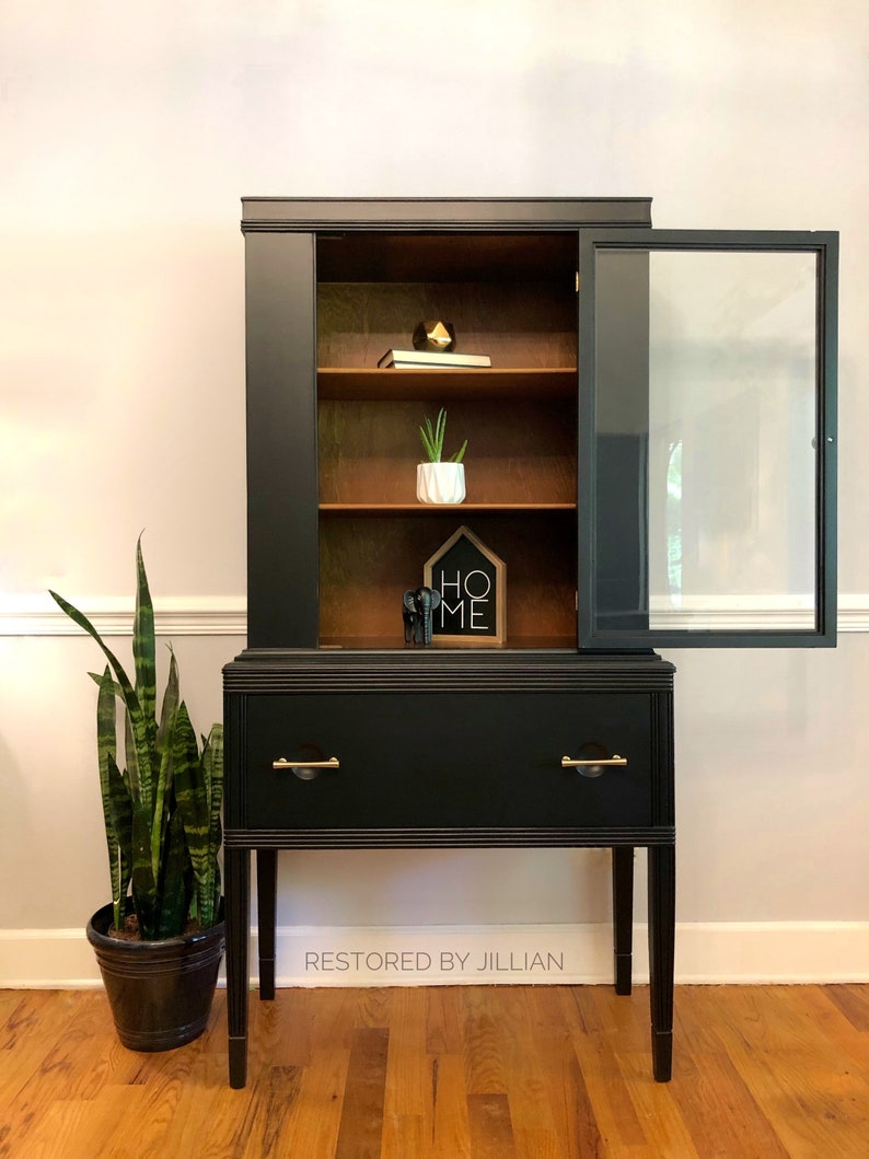 MCM China Hutch Black and Wood Vintage Refinished Etsy