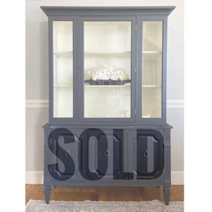 Modern Hutch, Mid Century Modern China Cabinet, Antique Refinished Hutch, Gray Hutch, Vintage China Cabinet
