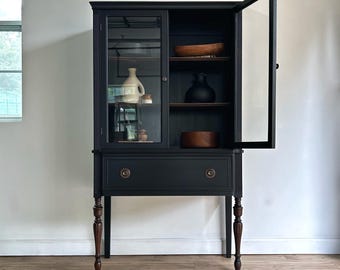 Refinished Black Hutch, China Cabinet, Liquor Cabinet, Vintage, Duncan Phyfe style
