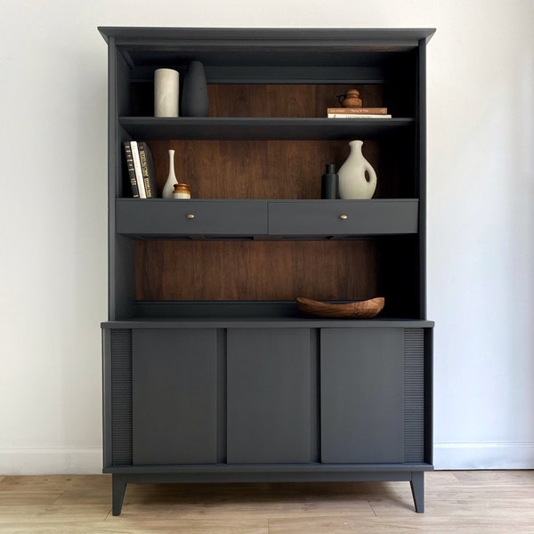 Black Mid Century Modern Hutch Sideboard Bookcase