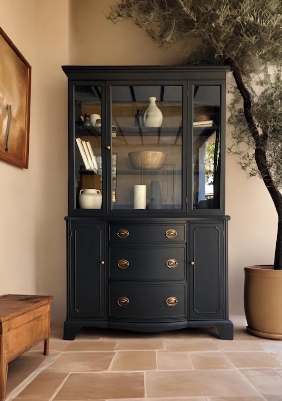Black china cabinet with hutch discount