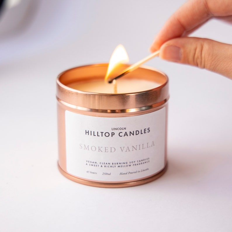 Smoked Vanilla Luxury Hand Poured Scented Soy Candle 45 Hours (Rose Gold)