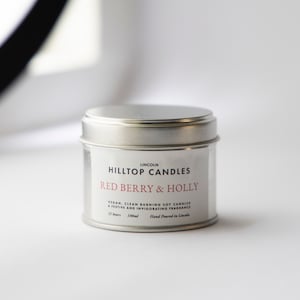Red Berry & Holly Luxury Hand Poured Scented Soy Candle 25 Hours (Silver)