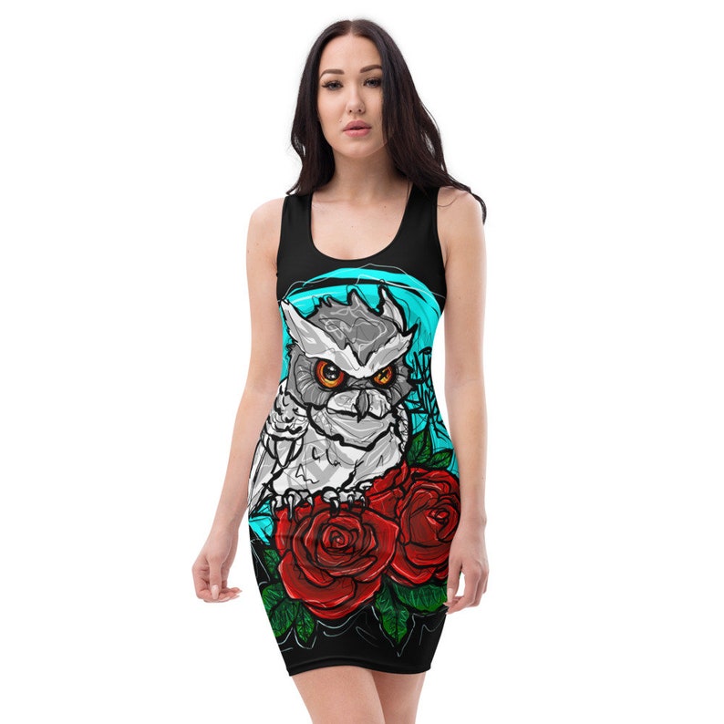 White Owl with Roses Traditional Art Style Women/'s Fitted Dress Dajen Flores