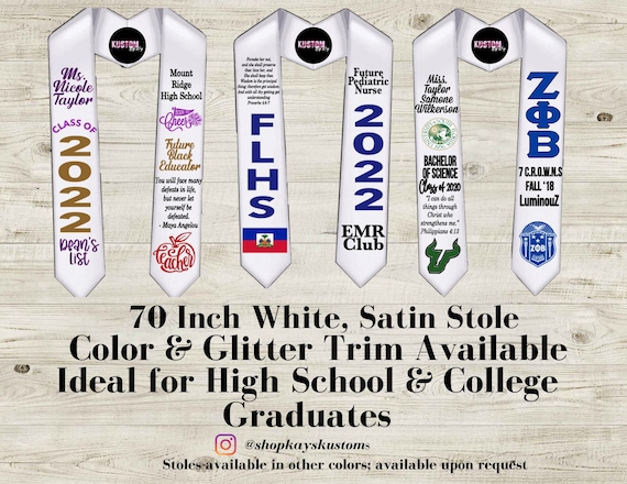 Custom Graduation Stole | White Satin, Vinyl Embellishments