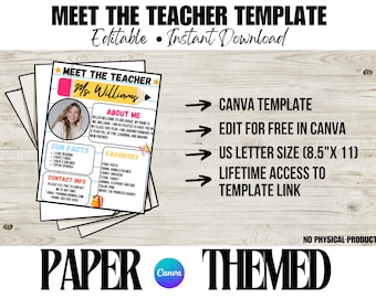 Editable Meet the Teacher Template, Paper-Themed Teacher Introduction (Instant Download)