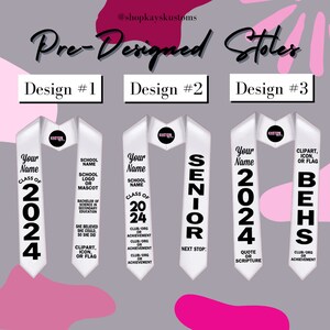 May include: Three different designs for graduation stoles. Each design features a white stole with black text. Design #1 has the text "Your Name" and "Class of 2024". Design #2 has the text "Senior" and "Next Stop:". Design #3 has the text "Your Name" and "2024" with a space for a quote or scripture.
