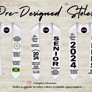 May include: Three white graduation stoles with black text. The stoles feature different graduation year options, including "Class of 2024", "Class of 2024", and "Senior Class President". The stoles also feature a small Jamaican flag.