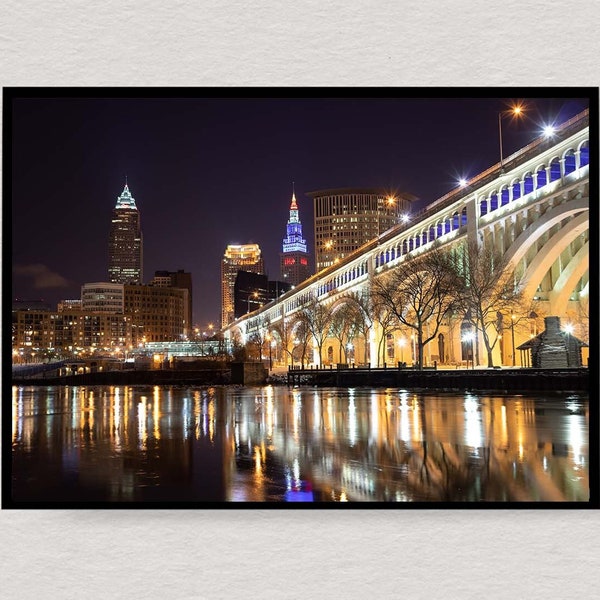Cleveland, Ohio Skyline at Night from The Flats Prints