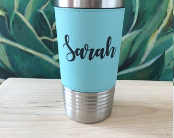 Personalized Engraved Tumbler with Teal Leatherette Wrap