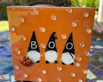 Halloween Shelf Sitter, halloween gnomes, 5” x 5” wood sign, tiered tray decor, fall decor, resin art, home decor, boo