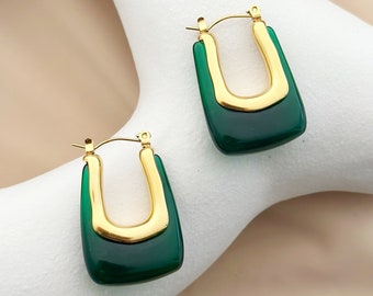 Boucles d'oreilles vert émeraude, créoles rectangulaires en or 18 carats, meilleurs cadeaux de Noël pour elle