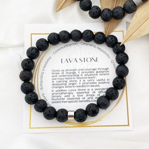 Minimalist bracelet made with 8 mm natural Lava Rock stone beads and accentuated, with oval shaped, non tarnish, silver accent. This bracelet comes with a beautifully designed stone information card.