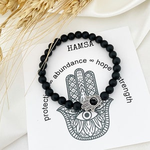 Pulsera de mano de Hamsa, ónix negro, pulsera de piedra curativa, meditación espiritual, yoga, regalo de buena suerte