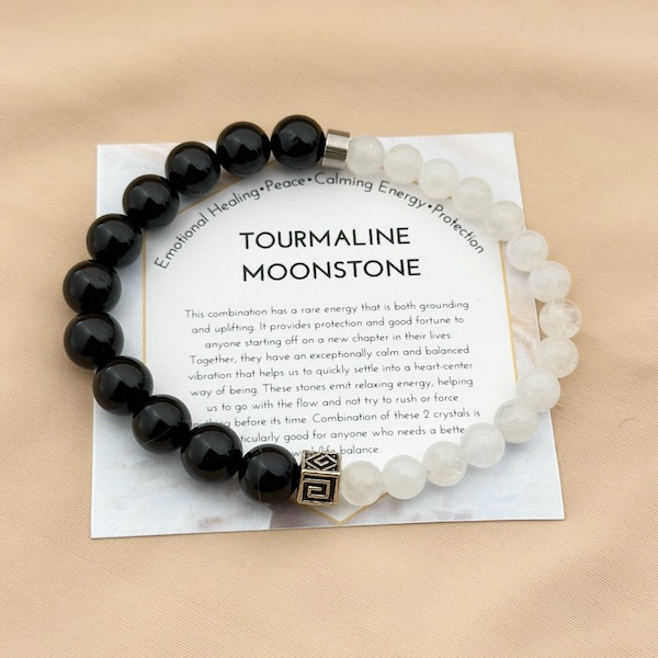 High Quality Black Tourmaline Moonstone Bracelet| Balance | Protection| Yin Yang| Grounding| New Beginnings| 8&6 mm Healing Crystal Bracelet