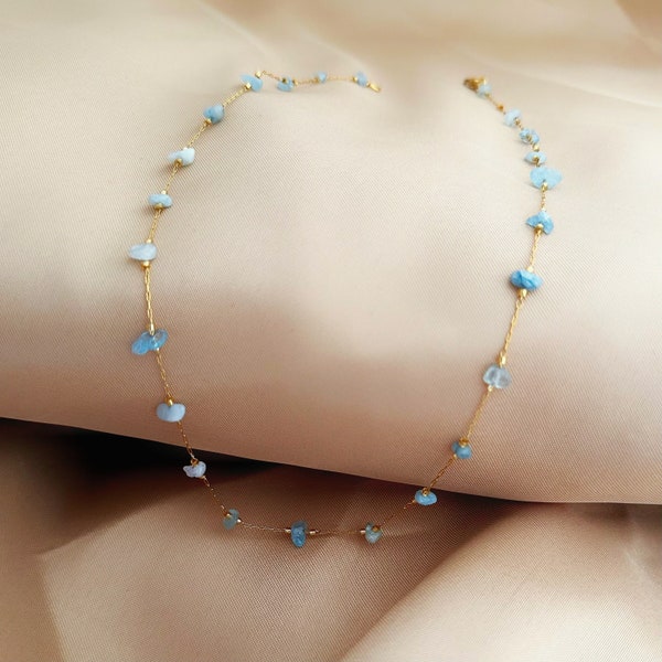Raw Aquamarine Beaded Crystal Necklace Gold Filled,Delicate Dainty Stone Choker,Boho Gemstone Jewelry,Perfect for Everyday wear,Gift for her