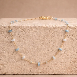 Raw Aquamarine Gold Filled Necklace, Beaded Gemstone Choker