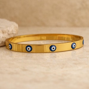 Evil Eye Bracelet, Bangle Cuff Bracelet,14K Gold Filled Hinge Bangle, Perfect for everyday wear, Birthday Gifts Idea, Waterproof Jewelry
